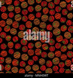 Seamless tomato pattern. Repeating background with scratched tomatoes. Endless red and orange tomatoes texture. Summer harvest background. Vegan textu Stock Vector