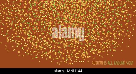 Autumn is all around you! Greeting Card. Colorful falling leaves. Simple banner with scattered tiny maple leaves. Fall background. Small leaves with t Stock Vector