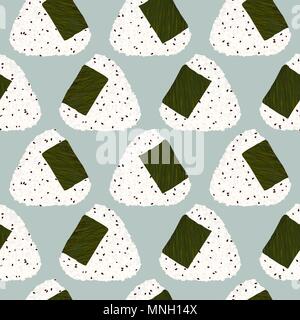 Onigiri (japanese rice ball) with sesame seeds. Seamless pattern. Asian snack. Lunch texture. Triangle rice balls with sesame seeds wrapped with nori  Stock Vector