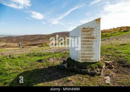 This is the number 6 marker memorial post to remember the 10 Pendle witches hanged at Lancaster prison in 1612. Tercet 6 is named as Elizabeth Device Stock Photo