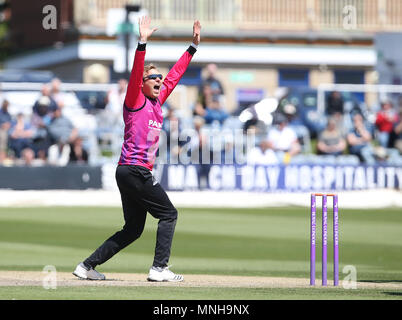 Hove, Sussex, UK. 17th May, 2018. Danny Briggs of Sussex Sharks celebrates after taking the of Calum Haggett ( not pictured ) of Kent Spitfires during The Royal London 1 Day Cup South Group Match at the 1st Central County Ground, Hove on May 17, 2018 in Hove, East Sussex, England Credit: Paul Terry Photo/Alamy Live News Stock Photo