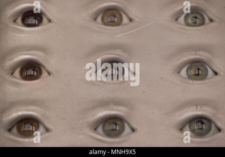 17 May 2018, Germany, Dresden: Glass eyes in a display case in the exhibition 'Racism. The Invention of Human Races' at the German Hygiene Museum. The exhibition is set to run from 19 May 2018 until 06 January 2019. Photo: Sebastian Kahnert/dpa Stock Photo