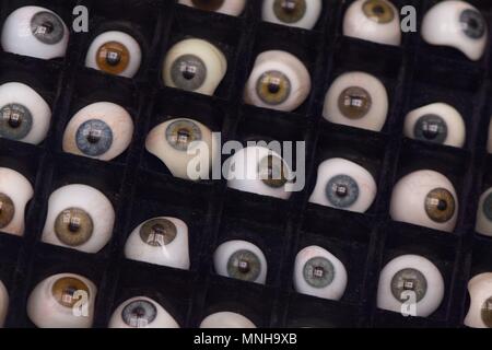 17 May 2018, Germany, Dresden: Glass eyes in a display case in the exhibition 'Racism. The Invention of Human Races' at the German Hygiene Museum. The exhibition is set to run from 19 May 2018 until 06 January 2019. Photo: Sebastian Kahnert/dpa Stock Photo