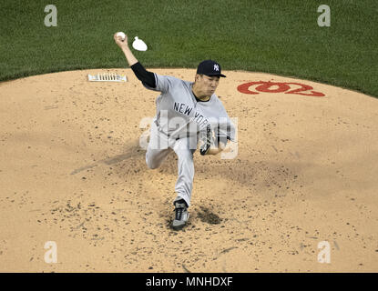 Washington, District of Columbia, USA. 15th May, 2018. New York Yankees starting pitcher Masahiro Tanaka (19) works in the second inning against the Washington Nationals at Nationals Park in Washington, DC on Tuesday, May 15, 2018. The game was suspended in the sixth inning due to rain with the score tied at 3 - 3 and will be completed on June 18, 2018.Credit: Ron Sachs/CNP. Credit: Ron Sachs/CNP/ZUMA Wire/Alamy Live News Stock Photo