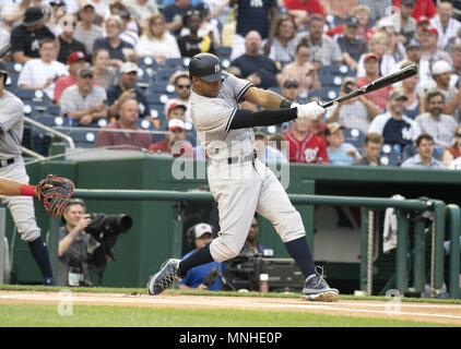 Washington, District of Columbia, USA. 15th May, 2018. New York Yankees center fielder Aaron Hicks (31) grounds out in the first inning against the Washington Nationals at Nationals Park in Washington, DC on Tuesday, May 15, 2018. The game was suspended in the sixth inning due to rain with the score tied at 3 - 3 and will be completed on June 18, 2018.Credit: Ron Sachs/CNP. Credit: Ron Sachs/CNP/ZUMA Wire/Alamy Live News Stock Photo