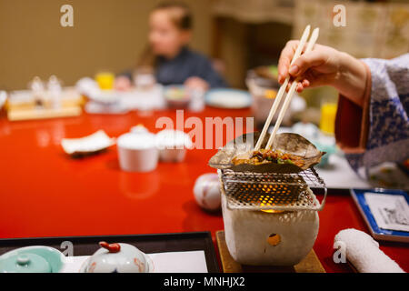 Traditional Japanese breakfast cooked with Hibachi stove grill, Takayama region food Stock Photo