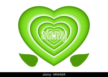 Environmental conservation concept. Green multi layered hearts and leaves, isolated on white background. Stock Photo