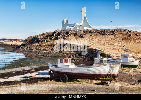 16 April 2018: Stykkisholmur Church, Snaefellsness Peninsula, West Iceland - A church which is also used as a concert hall. Stock Photo