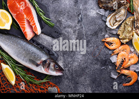 Seafood concept. Fish, shrimps and oysters. Stock Photo