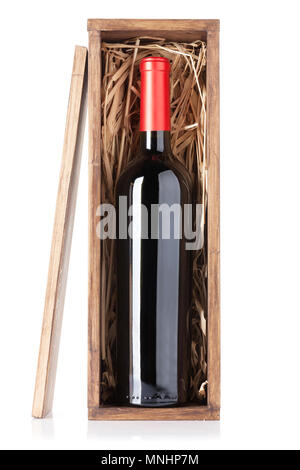 Red wine bottle in box. Isolated on white background Stock Photo