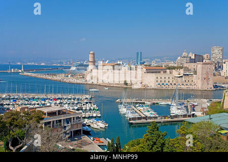 Fort Saint-Jean at harbour entrance of old harbour Vieux Port, Marseille, Bouches-du-Rhone, Provence-Alpes-Côte d’Azur, South France, France, Europe Stock Photo