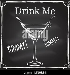 Drink me. Elements on the theme of the restaurant business. Chalk drawing on a blackboard. For cafe or cocktail bar. Cocktail emblem. Thin line icon - Stock Vector