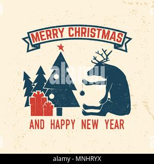 Merry Christmas and Happy New Year 2018 retro template with Christmas tree, gifts and reindeer. Vector illustration. Xmas design for congratulation ca Stock Vector