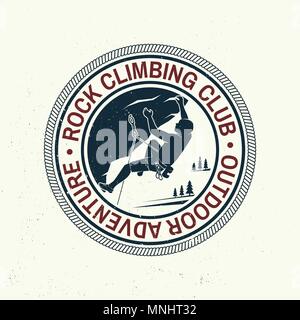 Rock Climbing club badge. Vector illustration. Concept for shirt or logo, print, stamp or tee. Vintage typography design with climber on the mountains Stock Vector