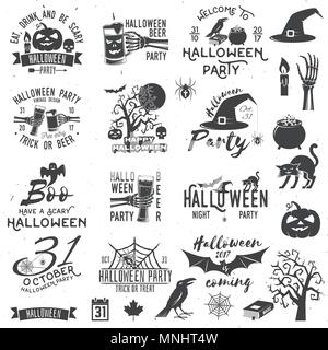 Set of Halloween party concept and design elements. Halloween party retro templates, badges, seals, patches. Concept for shirt or logo, print, stamp.  Stock Vector
