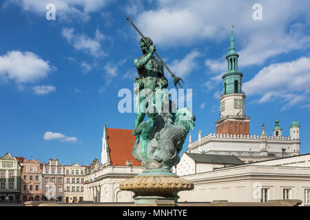 Neptune fountain with the city hall tower in the background on the Main Market (Rynek) square in the Old Town of Poznan, Poland Stock Photo