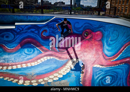 A skateboarder skating in a skate park in Brussels, Belgium. Stock Photo