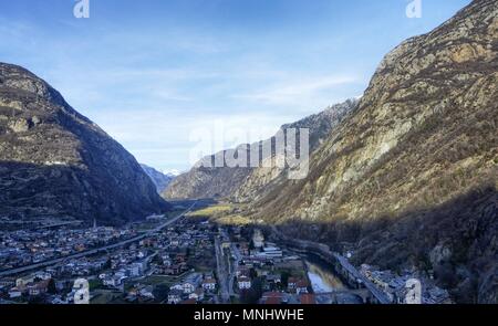 Forte di Bard, Valle d'Aosta region Italy. View from the panoramic elevator.This place was chosen in 2014 to shoot a film of adventure, action,fantasy Stock Photo