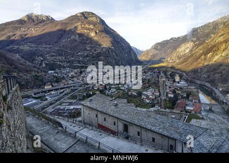 Forte di Bard, Valle d'Aosta region Italy. View from the panoramic elevator.This place was chosen in 2014 to shoot a film of adventure, action,fantasy Stock Photo