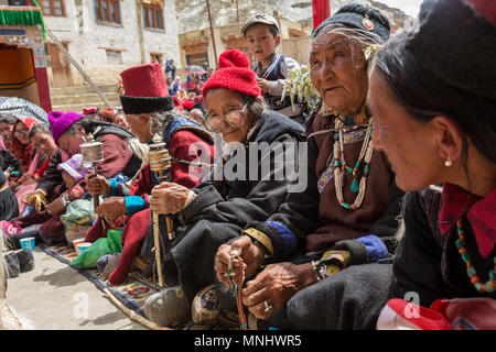 Lamayuru, India - June 19, 2017: Unidentified ladakhi old ladies during buddhist festival at Lamayuru Gompa monastery, Ladakh, Northern India Stock Photo