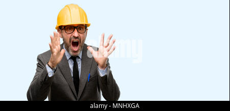 Senior architect or engineer stressful keeping hands on head, terrified in panic, shouting isolated over blue background Stock Photo