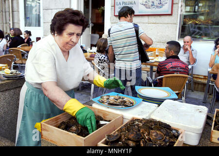 Woman shucking oysters, Cocedero Bar La Piedra restaurant, Rúa Pescadería street or Rua das Ostreiras / Oyster Street, La Piedra, Vigo, Galicia, Spain Stock Photo