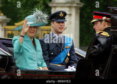 Prince William in RAF, Royal Air Force uniform, Duchess of Cornwall Camilla and Prince Harry Wales in carriage during Trooping the Colour, London, UK Stock Photo