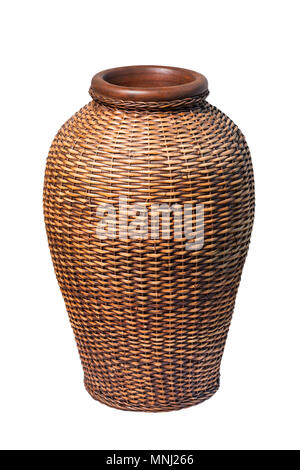 Ceramic vase in braided rattan isolated on white. Clipping path. Stock Photo