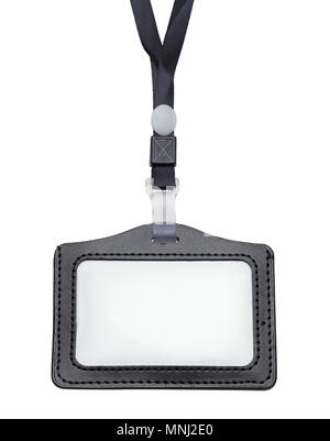 Black Leather Name Tag With Copy Space Isolated on a White Background. Stock Photo