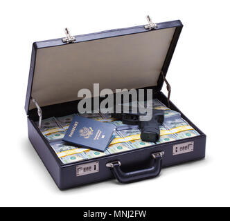 Briefcase full of Money with a Passport and Gun Isolated on a White Background. Stock Photo