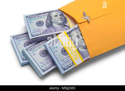 Yellow Envelope Filled with Hundred Dollar Bills Isolated on White. Stock Photo