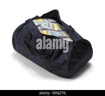 Full Black Duffel Bag of Hundred Dollar Bills Isolated on a White Background. Stock Photo