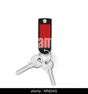 Red plastic key ring with empty tag attached on two metal keys on isolated white background. Stock Photo