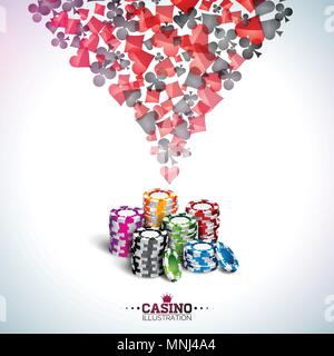 Vector illustration on a casino theme with poker cards and playing chips on white background. Gambling design for invitation or promo banner. Stock Vector