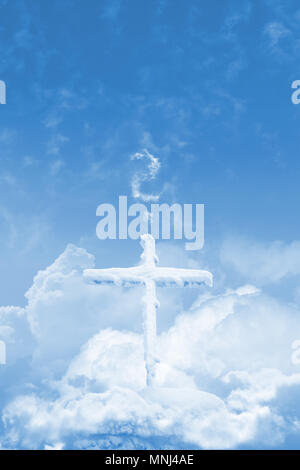 Frozen cross over the clouds, in the sky, standing on a stone, with a question mark, made of clouds. Stock Photo