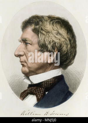 William H Seward portrait, with autograph. Hand-colored engraving of a photograph Stock Photo