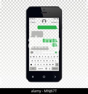 Mockup of mobile messenger on smartphone transparent screen isolated on transparent background. Vector illustration. Stock Vector