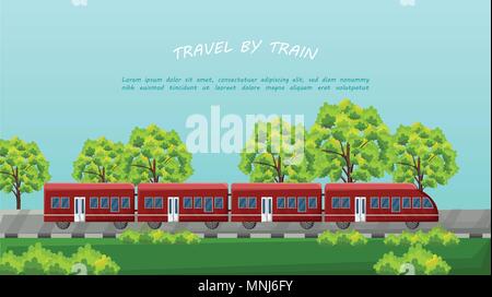 Train traveling Vector. Red vehicle on Beautiful green background Stock Vector
