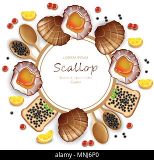 Scallops and caviar card Vector realistic seafood. Fresh shellfish. 3d detailed illustration Stock Vector