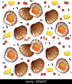 Scallops pattern Vector realistic seafood. Fresh shellfish. 3d detailed illustration Stock Vector