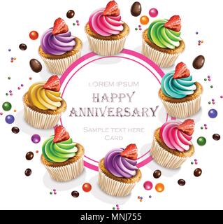 Happy Anniversary Cupcakes card Vector realistic. Round banner frame 3d illustration Stock Vector