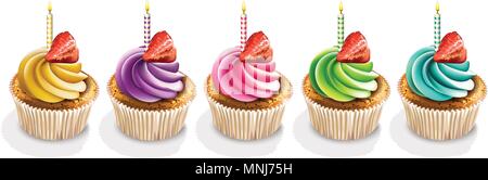 Happy Anniversary Cupcakes isolated Vector realistic. 3d illustration Stock Vector