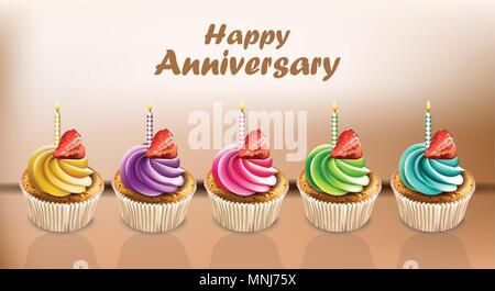Happy Anniversary Cupcakes card Vector realistic. 3d illustration Stock Vector