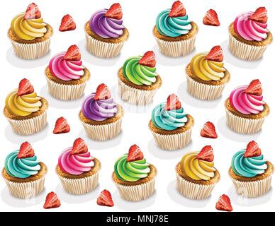 Cupcakes colorful pattern Vector realistic. 3d illustration Stock Vector