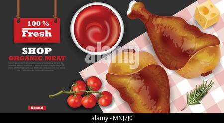 Chicken wings Vector realistic. Fresh organic meat 3d illustration layout banner Stock Vector