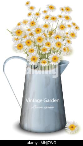 Chamomile flowers in a pot vase Vector. Spring background. Realistic 3d illustration Stock Vector