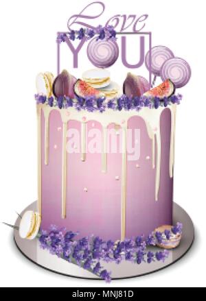 Lavender cake with fig fruits on top Vector realistic. White chocolate frosting. Birthday, anniversary, wedding royal dessert Stock Vector