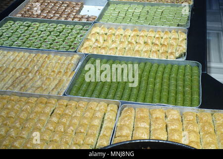 Turkish sweets on display at bakery 2018 Istanbul Stock Photo