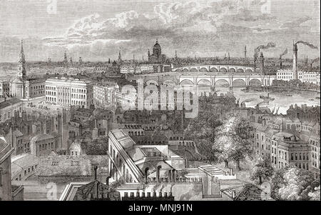A view of London, England seen from the The Duke of York Column in the 19th century.  From Old England: A Pictorial Museum, published 1847.