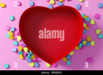 Empty red heart shaped box with mini hearts on pink background, 3D rendering Stock Photo